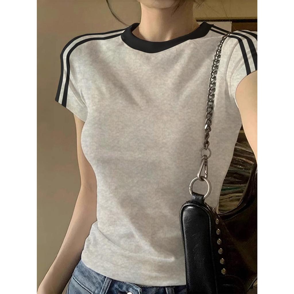 Women's Round Neck Short Sleeve Regular Fit Top Casual Colorblock Cotton T-Shirt