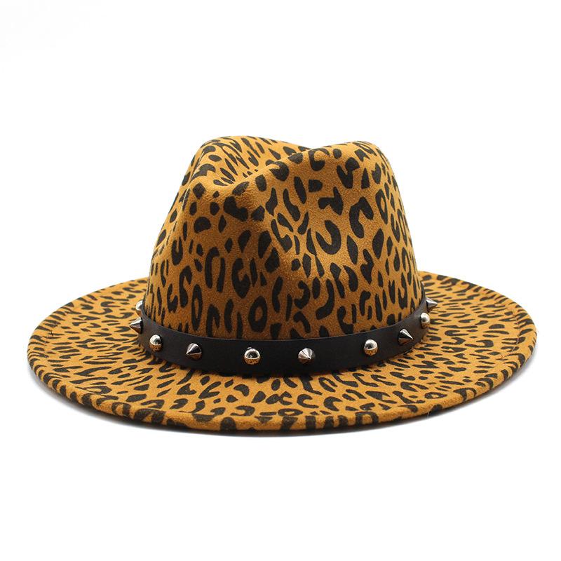 Leopard Print Top Hat, Jazz Hat, Men'S And Women'S Woolen Rivet Top Hat, Flat-Brimmed Big Eaves Hat.