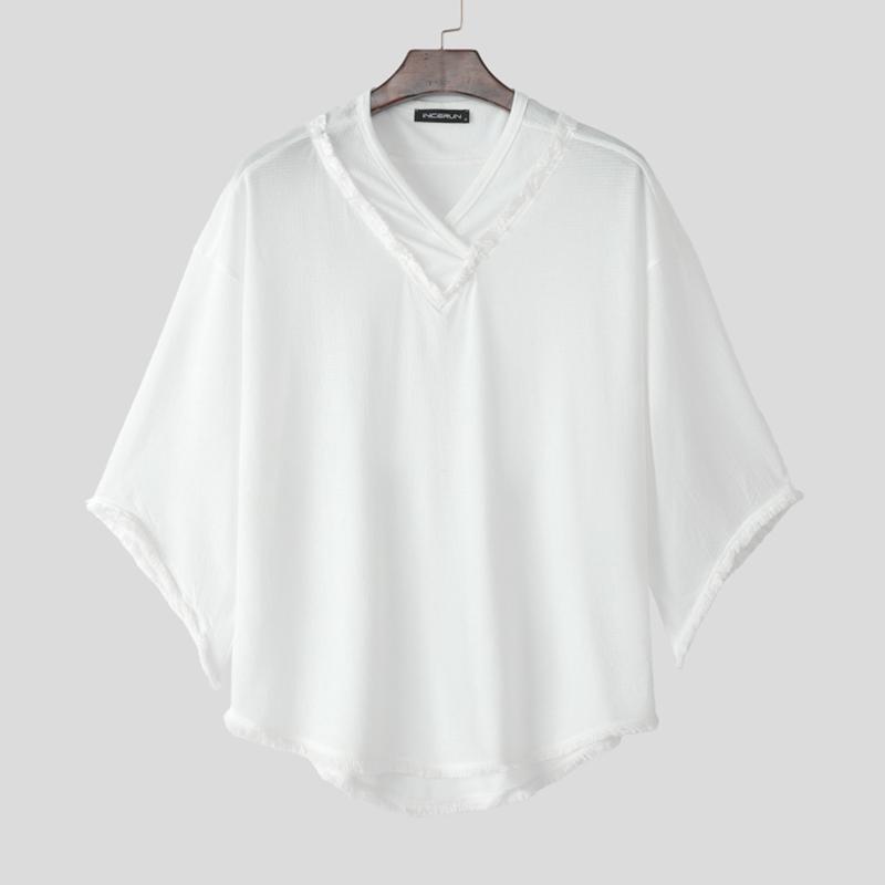 

INCERUN Мужские футболки с рукавом 3/4 летучая мышь, V-образным вырезом, полупрозрачные, повседневные, мешковатые, свободные 4XL белый