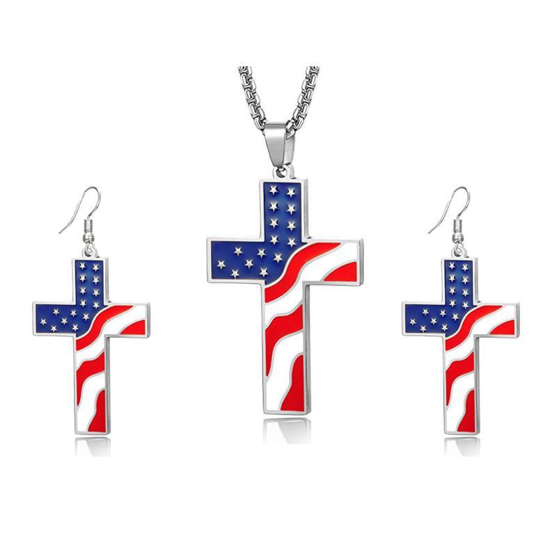 USA Flag Necklace Earrings Set Alloy Cross Pendant Patriotic Themed Jewelry for Men Women 4th of July Celebration Wear