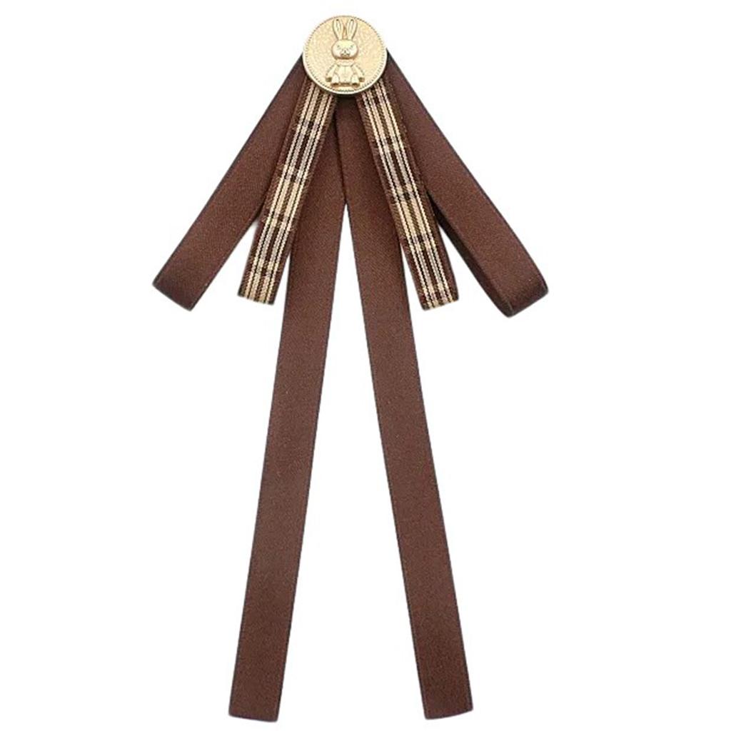 Vintage Brown Plaids Ribbon Bows Tie Brooch Pin for Women Girl Japanese Preppy Uniform Pre Tied Bowknot Corsage Necktie