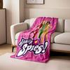 Radial pink lines with white stars behind three colorfully dressed figures. for all seasons blanket lunch break throw gift