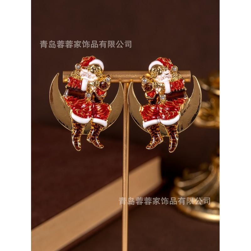 Cross Border New Moon Santa Claus Earrings With Glazed Zircon Fashionable Personalized Light Luxury