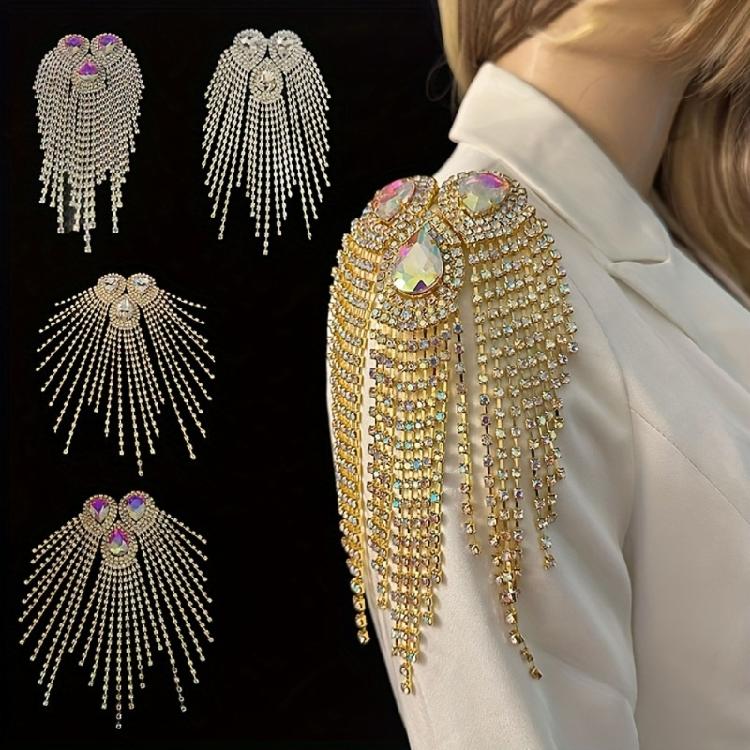 Rhinestones Studded Epaulettes Tassels Fringed Shoulder Epaulet For Evening Gown Cosplay Outfits Clothing Embellishment