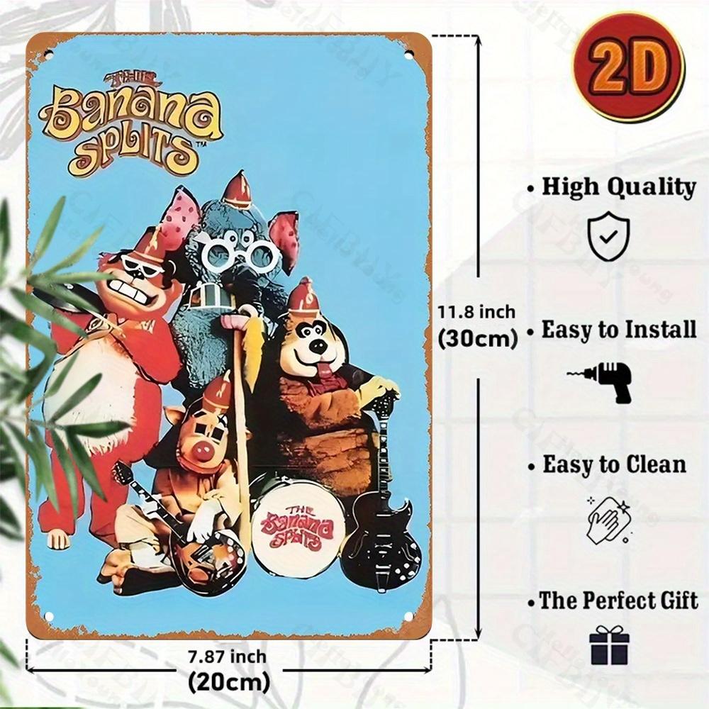 

Винтажный мультфильм «Банановые сплиты» Металлическая настенная живопись Ретро Железная вывеска для кофейни Фермерский дом Гараж Патио Подарок на праздник для друзей 20x30cm темные хаки