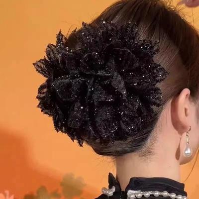 Fermaglio per capelli con fiore in rete nera alla moda, per donne, con coda di cavallo e squalo, copricapo, temperamento, fiore, artiglio per capelli, accessori per capelli