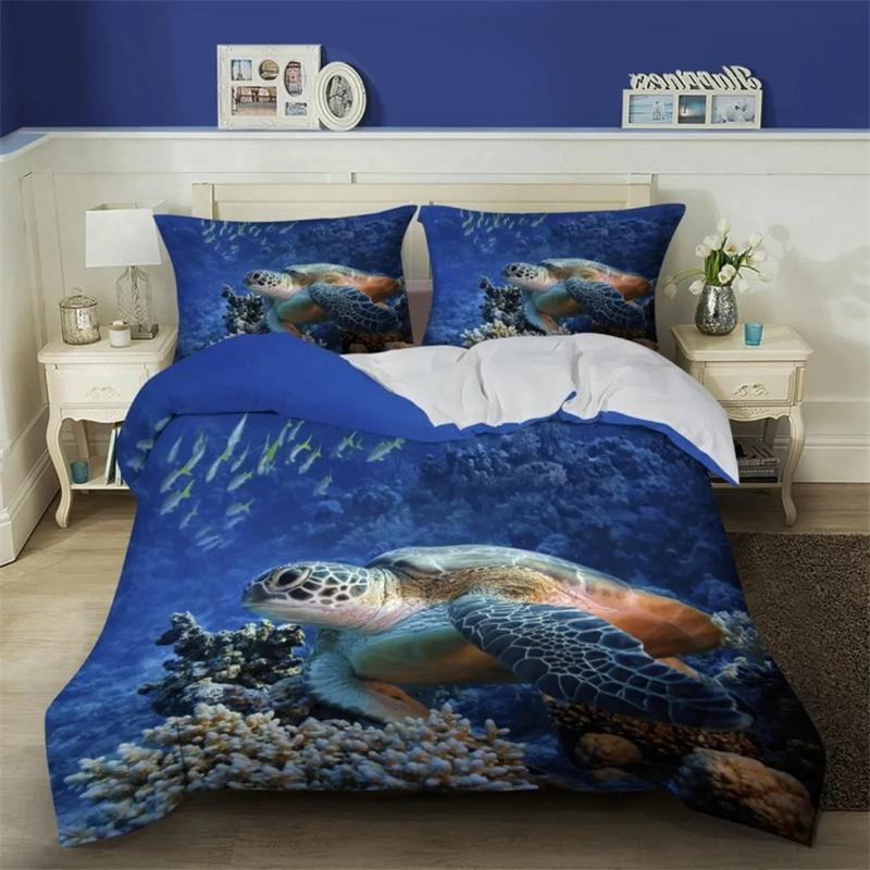 3D Sea Turtle Beddings Set Ocean Duvet Cover Set Teal Mediterranean Style Duvet Cover Queen King Twin Size Bedroom Decoration