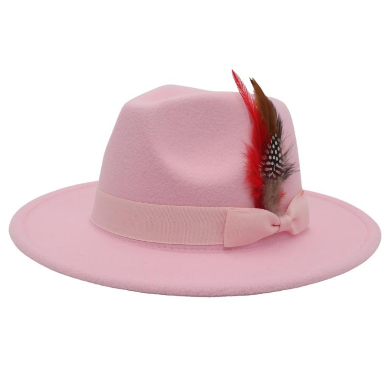 Bow Feather Top Hat Big Eave Hat Men'S And Women'S Cashmere Felt Hat Wind Hat