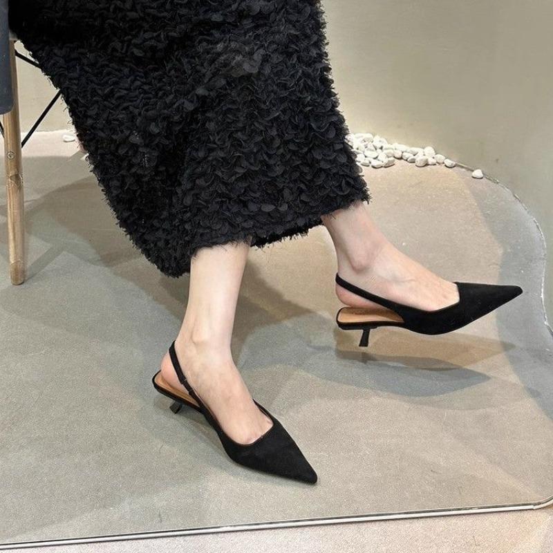 2025 Spring Summer Women Kitten Heels Pointed Toe Sandals Back Buckle Bling Silver Ladies Casual Med Heels Shoes