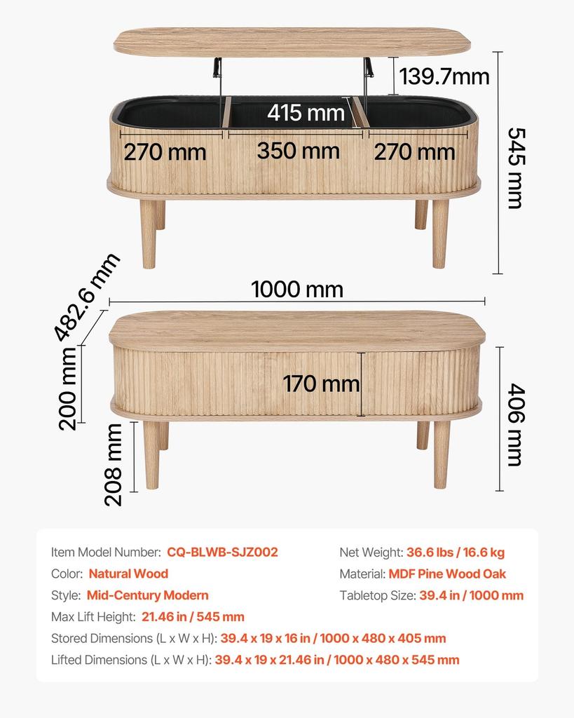 1000 Mm Lift Top Coffee Table, Fluted Oval Coffee Table with 3 Hidden Compartment, Mid Century Wooden Oval Center Desk with Storage, Lift Up Tabletop