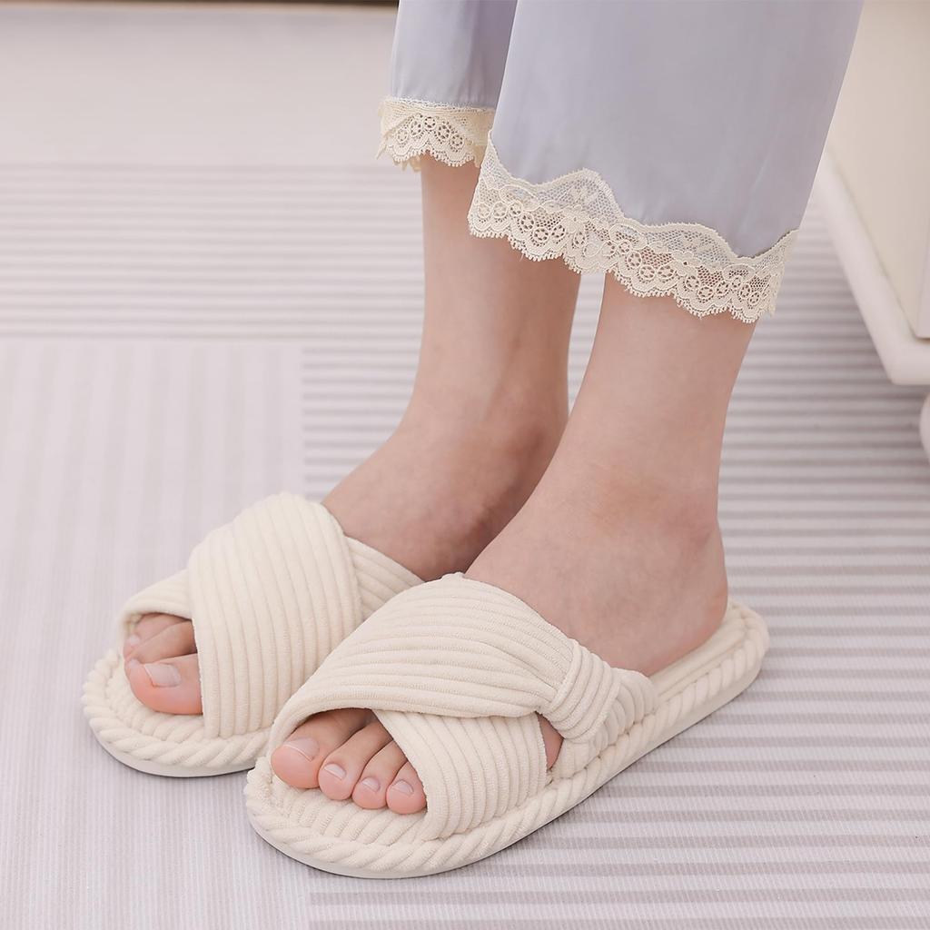 Fashion Kidmi Corduroy Women Slippers Indoor Open Toe House Shoes Memory Foam Slides With Adjustable Bow Strap Spring New Lady Slippers