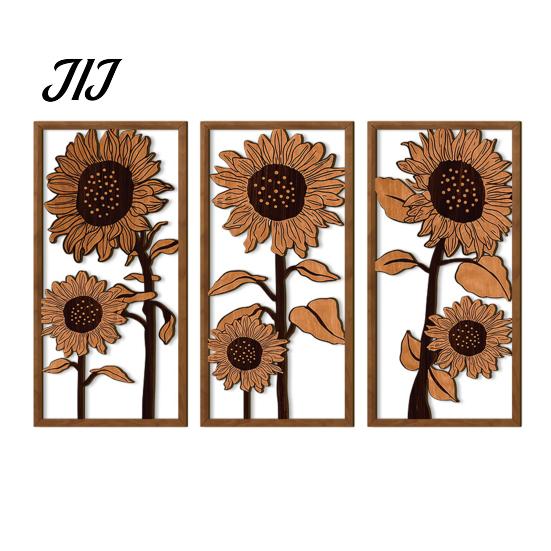 Boho Wall Accents 3Pcs Vintage Sunflower Wooden Decor, Farmhouse Cutout Wood Decor Art, Rustic Hanging Ornament for Living Room Bedroom Home
