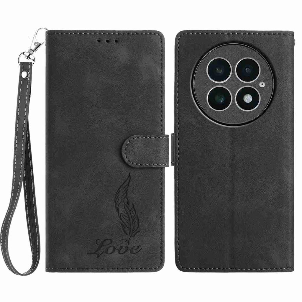 For OnePlus 13 Case Imprinted Feather PU Leather Wallet Phone Cover with Wrist Strap