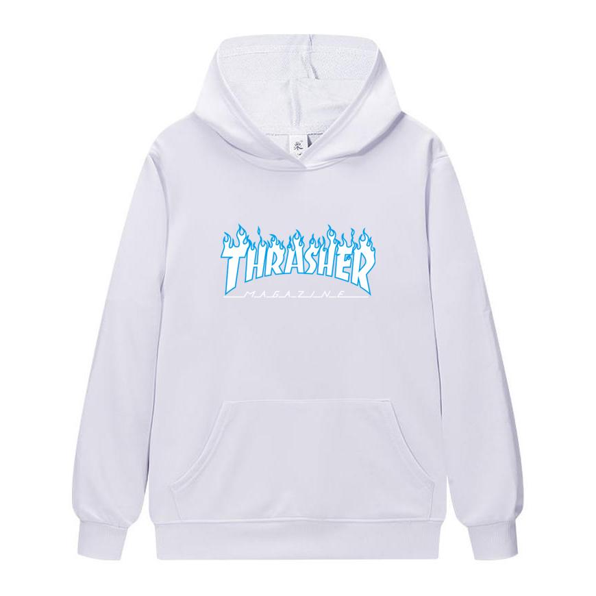 W02-2 Moletom com Capuz Unissex Thrasher Estampa de Chama Masculino Casual Solto Manga Longa Streetwear Pulôver