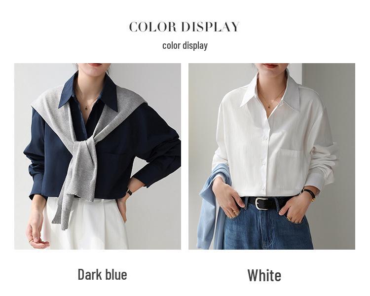 2026 Retro Korean Style Dark Blue Sun Protection Long Sleeve Shirt - Women's Slimming, Loose Fit, Simple Fashion.
