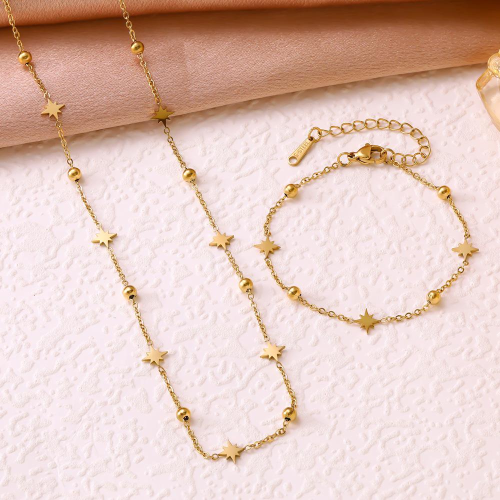 Ensemble de Bijoux Étoile à Huit Branches en Acier Titane - Collier et Bracelet Tendance pour Femmes