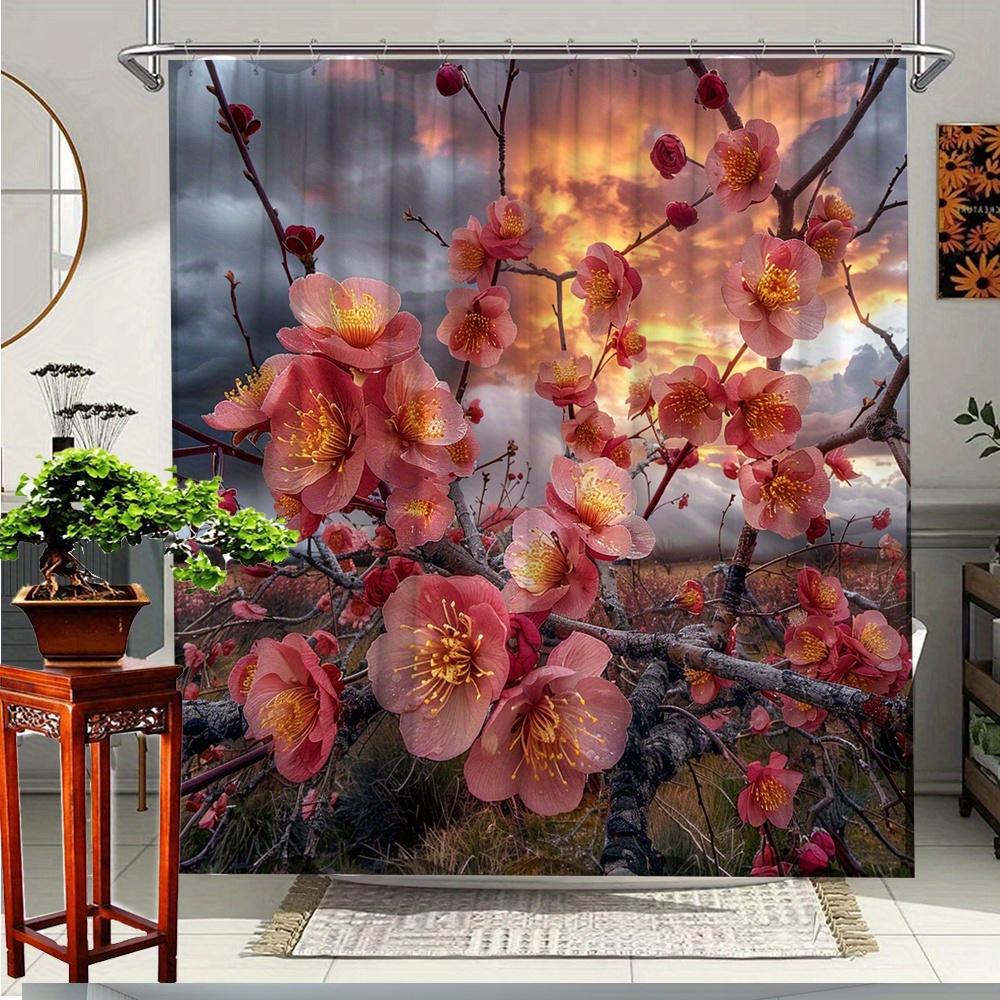 

1pc Floral Blossom Shower Curtain - Vibrant Pink Cherry Blossoms Sunset Forest Scene, Durable Polyester Fabric, 70.8x70.8 Inches 90x180cm