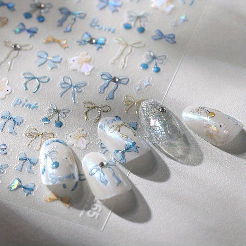 Cute and Sweet Cherry Bow Rabbit Pattern Nail Stickers - Blue and Pink Bow Ribbon Nail Decoration for Daily DIY - Laser Finish