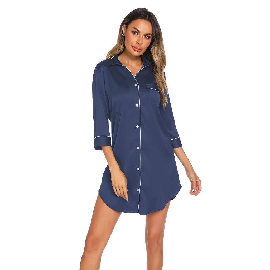 Women's Sleep Shirt Silk Imitation Long Sleeves Thin Night Shirt Ladies Pajamas Nightwear Sexy Sleepwear In Black Navy Green