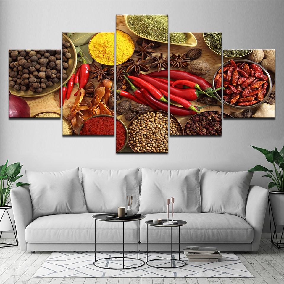 Väggkonst Canvasmålning Posters Prints 5 Panel Sked Korn Kryddor Peppar Kök Modulär HD Mat Bild Heminredning Ingen ram