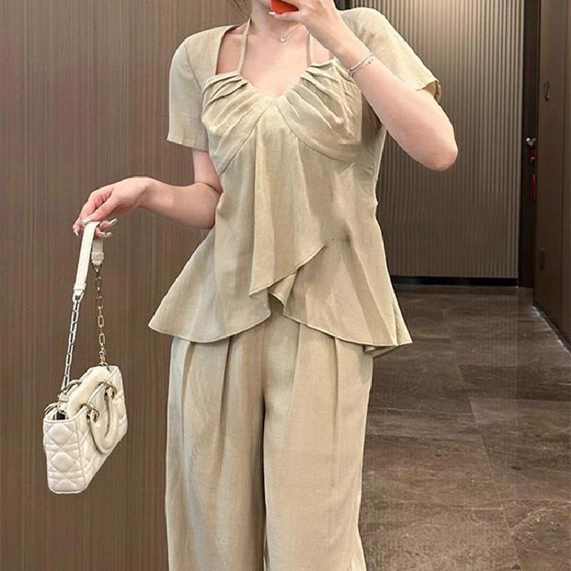 Giant Skinny Pear Shape Body Set Large Size Summer Set Short Sleeve Shirt + Trousers Two-piece Set Women