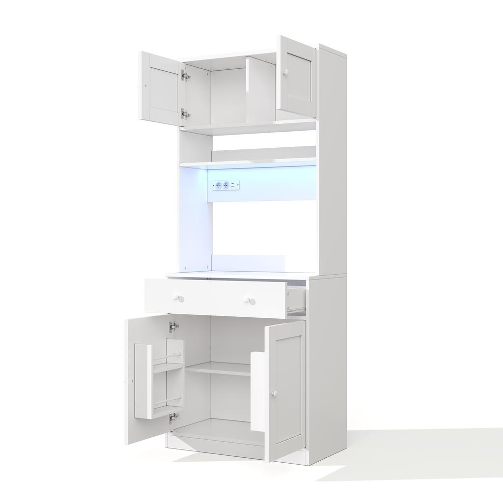180 Cm Kitchen Cabinet, Tall Cabinet with LED, Kitchen Shelf with Socket, Spice Rack and Large Drawer for Kitchen, Dining Room & Living Room