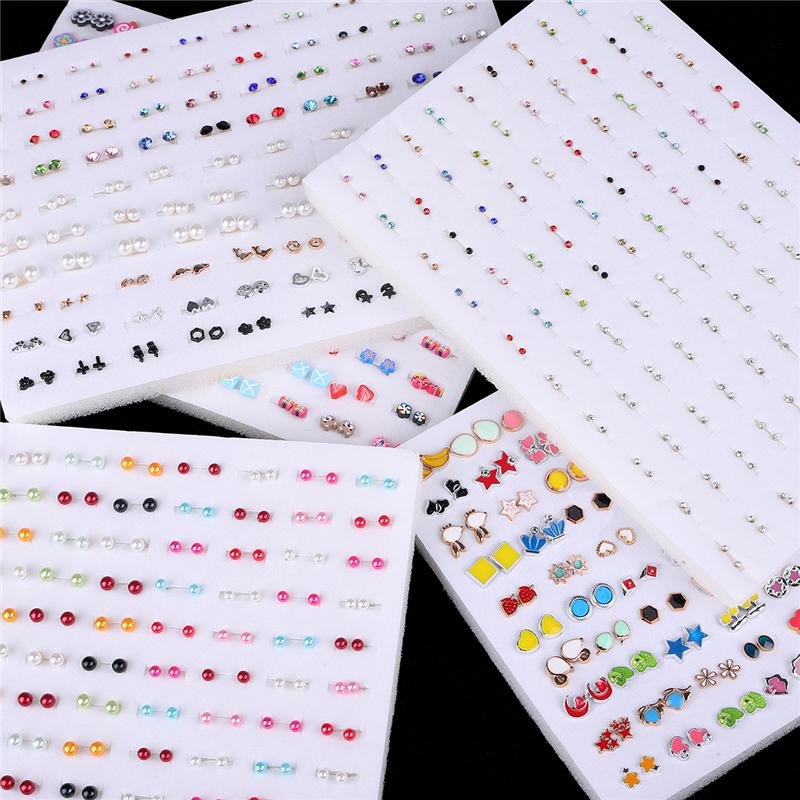 100Pairs Acrylic Crystal Heart Star Moon Small Stud Earrings Set For Women Girl Animal Flower Plastic Earring Trend Jewelry