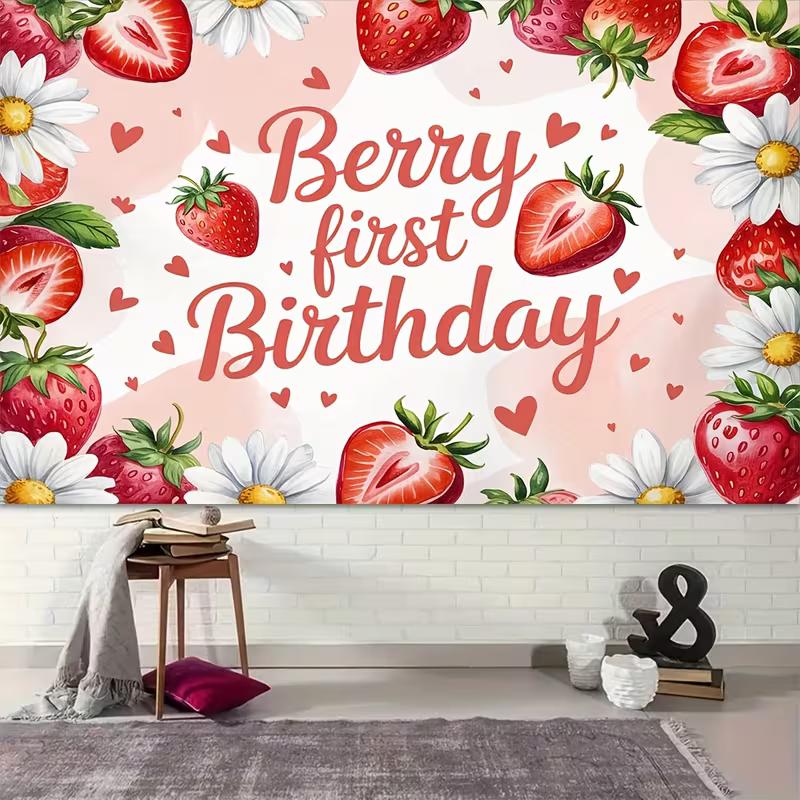 2D Pink Strawberry Themed Backdrop Sweet One First Birthday Celebration Photo Background