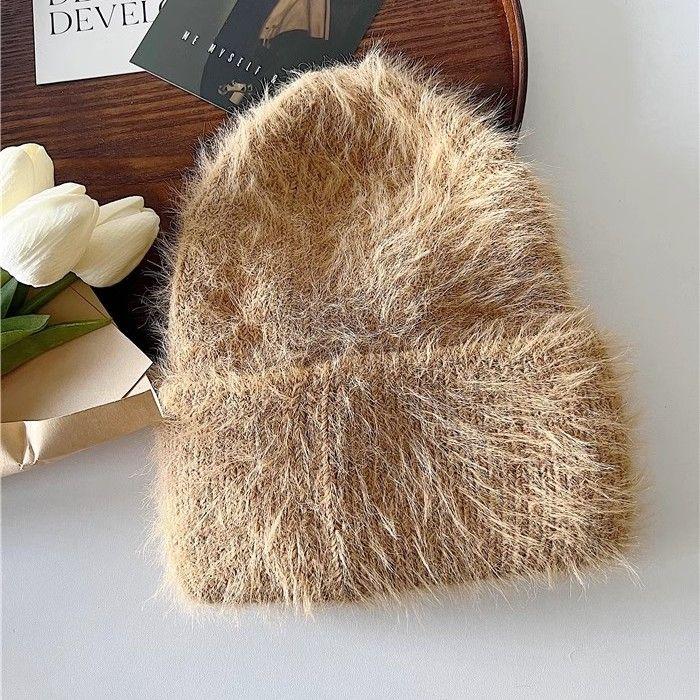 Women Winter Soft Faux Mink Fur Knitted Beanie, Japanese & Korean Style Warm Thick Cashmere-Like Rolled Edge Hat, Cozy Fluffy Purple Knit Cap
