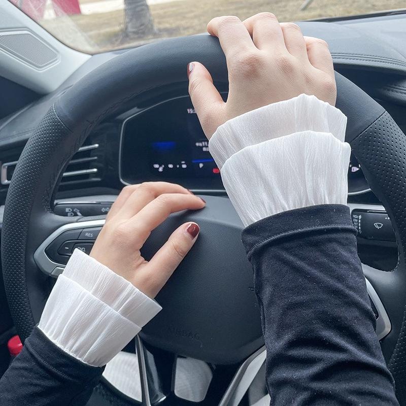 Perfect Match Solid Color Detachable Cuffs For Womens Fake Flared Sleeves Double Layer Pleated Ruched False Cuffs Clothing Accessories