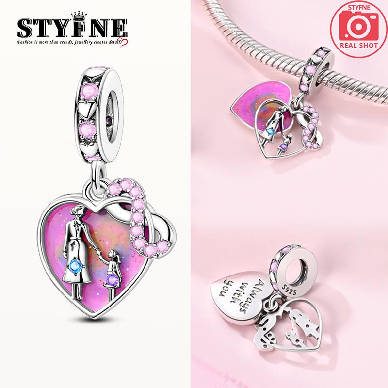

Charms Plata Pink Parent-Child Heart-Shaped Pendants Fit Original Bracelets Charms For Women Jewelry Diy Making Gifts