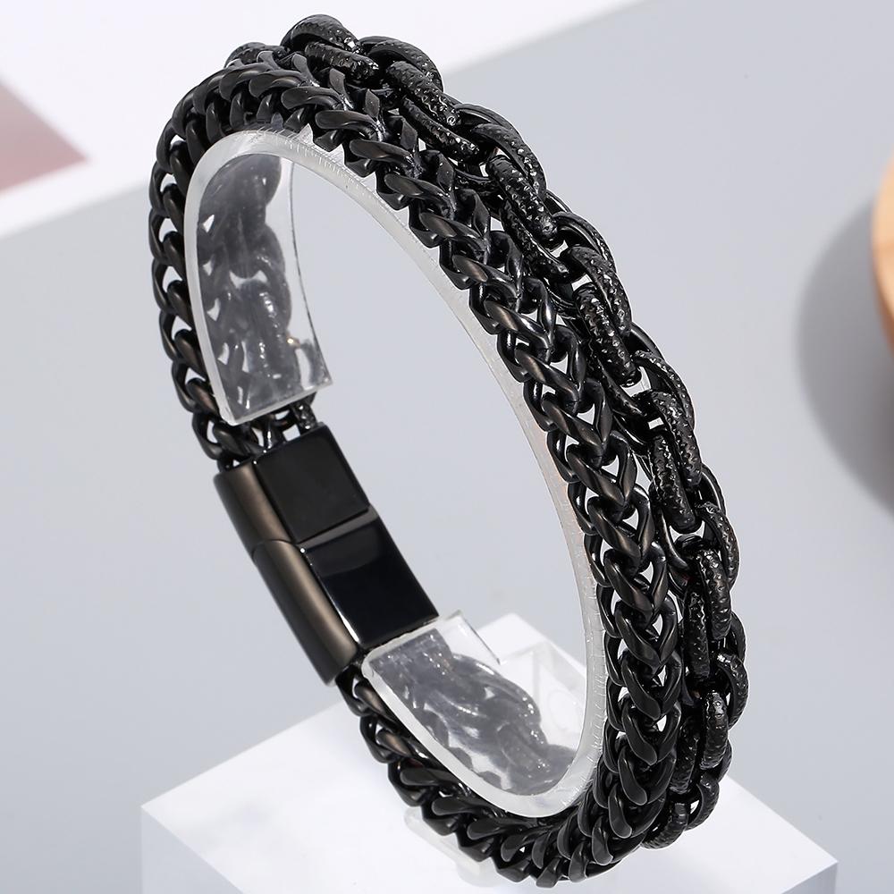 Men's Double Layer Chain Bracelet for Men Vacuum Plated Black Gold Color Stainless Steel Chain Custom Engraved Birthday Gifts
