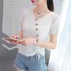 Women's Ice Silk V-neck Tie-Up Short-Sleeve Knitted Top, 2025 Summer Slim-Fit Button Pullover