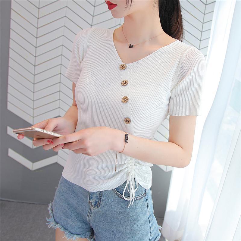 Women's Ice Silk V-neck Tie-Up Short-Sleeve Knitted Top, 2025 Summer Slim-Fit Button Pullover