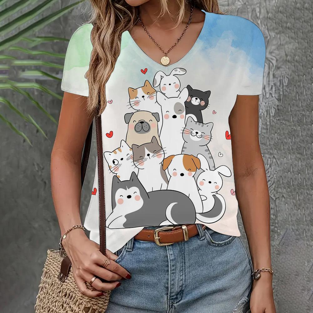 Women's T-shirt 3d Cat Print Short Sleeve Summer Fashion V-neck Top Loose Casual Half Sleeve Elegant Clothing Women's T-shirt
