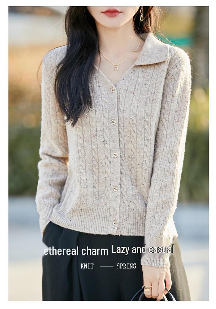Women's Chic V-Neck Heathered Wool Cardigan - 2025 Spring/Autumn Fashionable Knit Sweater