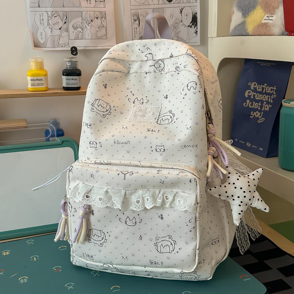 Schoolbag Japanese ins style cute cartoon print ballet style lace sweet soft sister travel leisure backpack