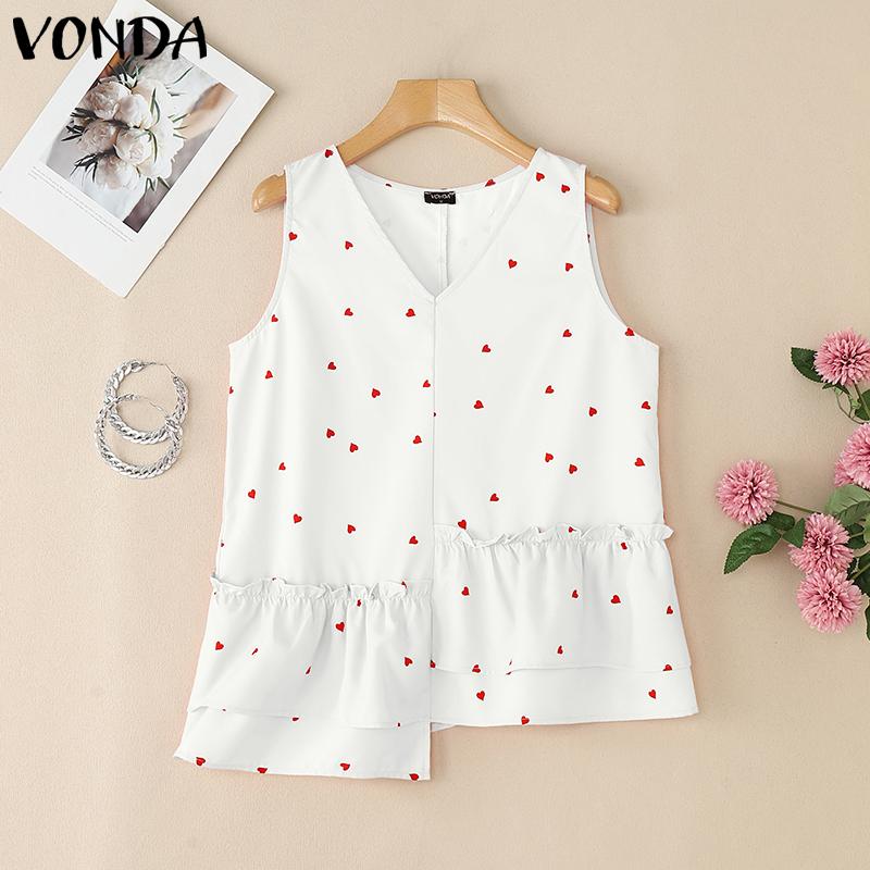 

VONDA Женские топы без рукавов, майки с V-образным вырезом, с принтом, с нерегулярными оборками, повседневная блузка 5XL белый