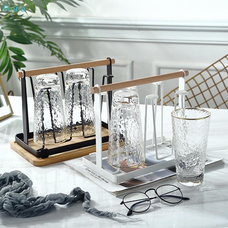 6-Cup Glass Cup Drying Rack with Wooden Handle, Countertop Cup Organizer with Drip Tray for Kitchen & Bar