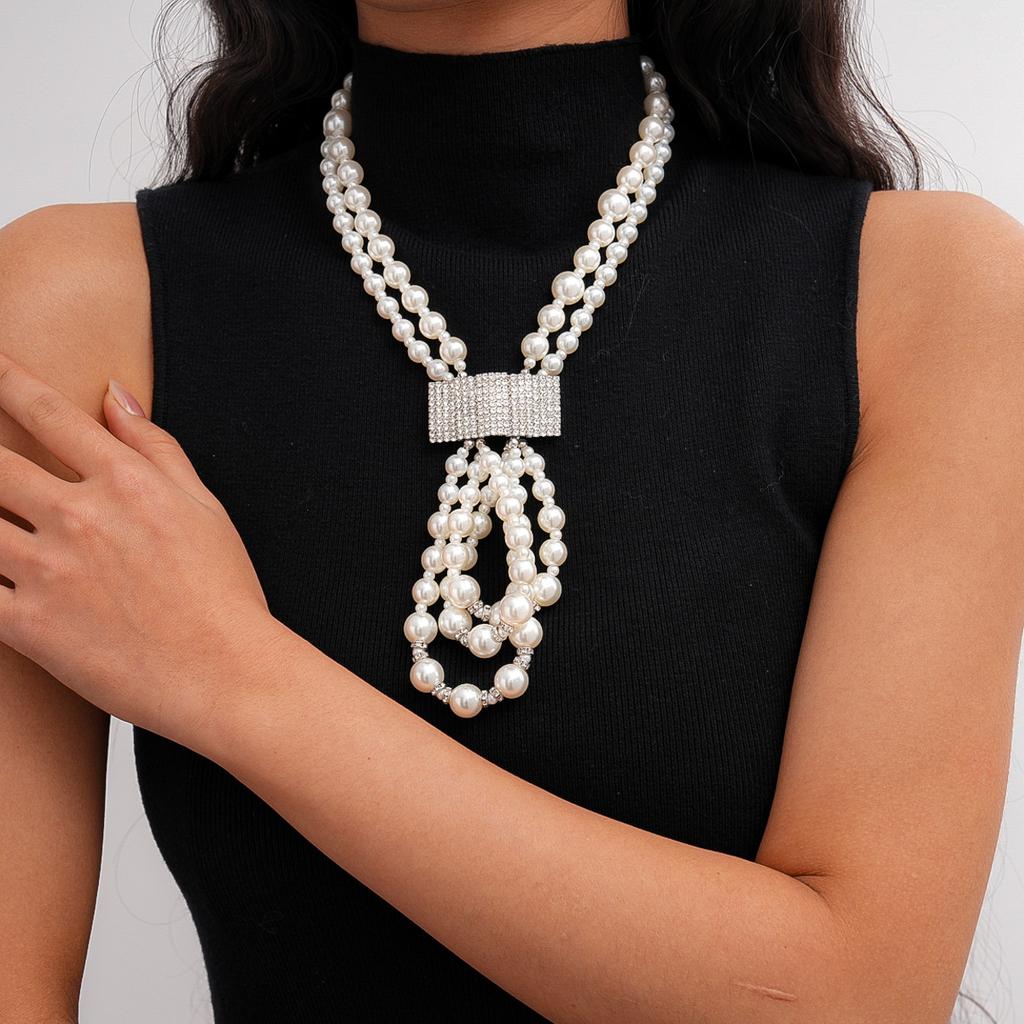 Diamond-encrusted glass pearl knotted double-layer necklace, personalized exaggerated adjustable necklace
