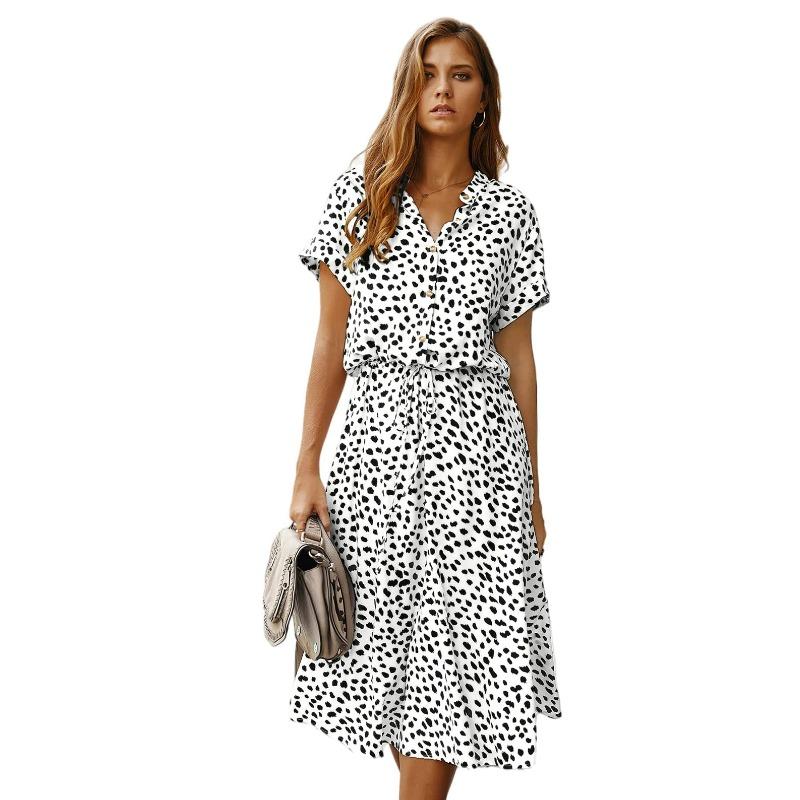 Women's Button Front Drawstring High Waist Short Sleeve A Line Midi Dress