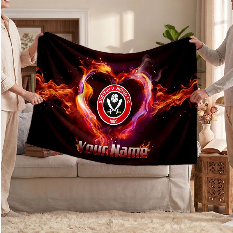 Sheffield United FC Personalized Fleece Blanket With Football Logo, Custom Name Text Soft Warm Home Throw Blanket