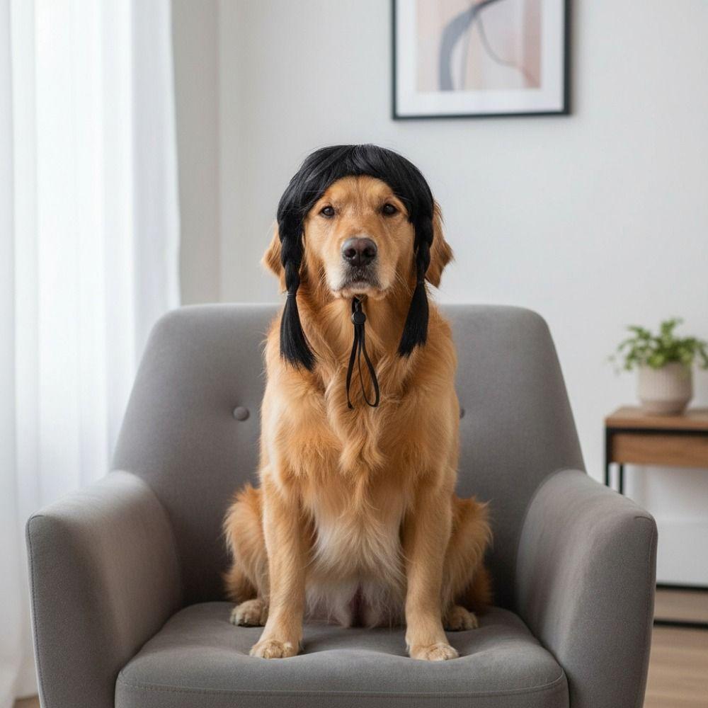 Photo Prop Black Double Ponytail Pet Hairpiece Elastic Strap Funny Pet Wig High Temperature Fiber Universal Animal Wig Holidays