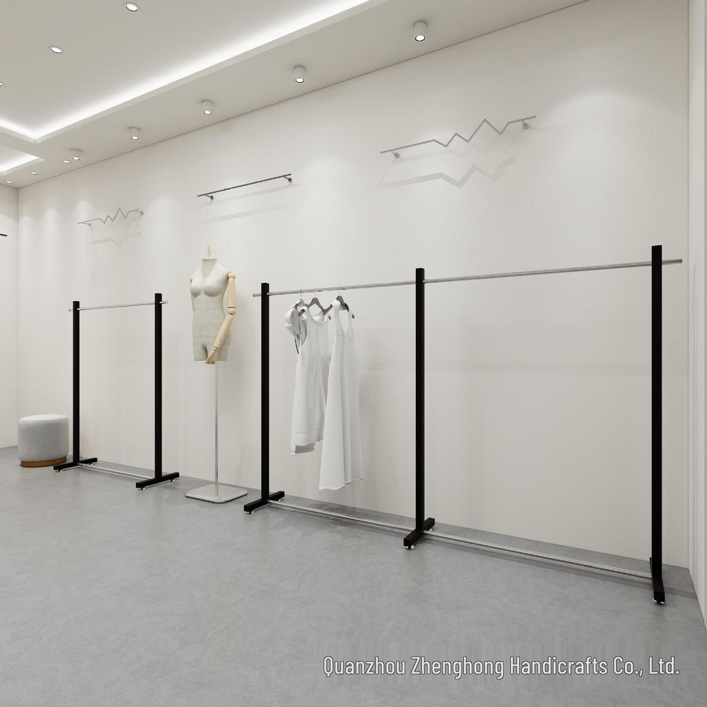 Black Stainless Steel Floor-Standing Garment Display Rack for Women's Clothing Store