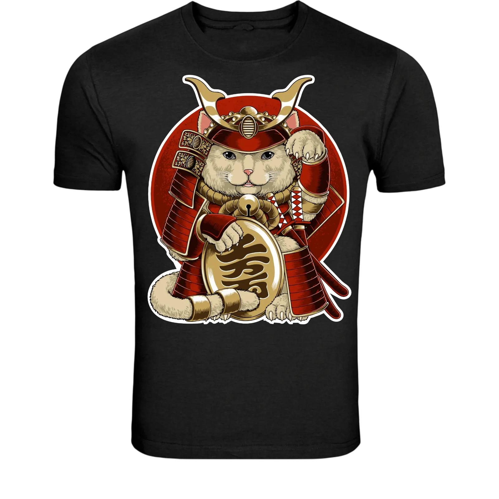 Samurai Lucky Cat T-Shirt - Japanese Maneki Neko Warrior Graphic XL