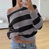 Autumn Winter New Fashion Casual Loose Shoulder Stripe Color Block Knit Sweater