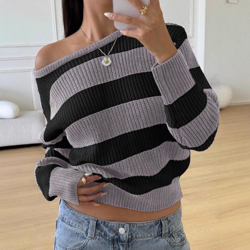

Autumn Winter New Fashion Casual Loose Shoulder Stripe Color Block Knit Sweater XXL сірий