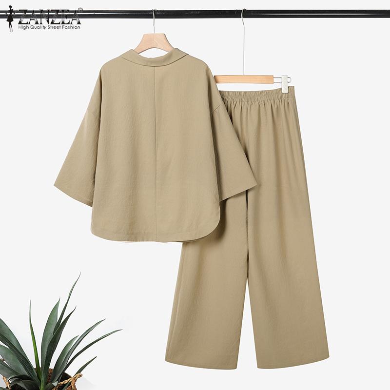 ZANZEA Women 3/4 Sleeve Blouse and Pants Casual Two Piece Suit Sets