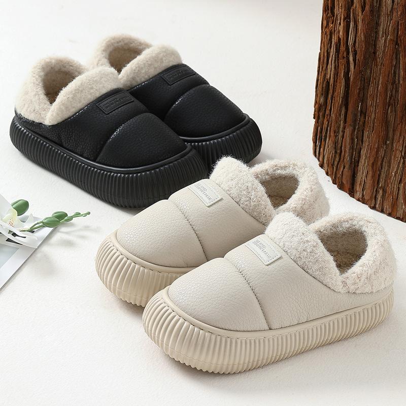 pu waterproof cotton slippers winter new bag heel indoor home non-slip soft sole outer wear cotton shoes winter