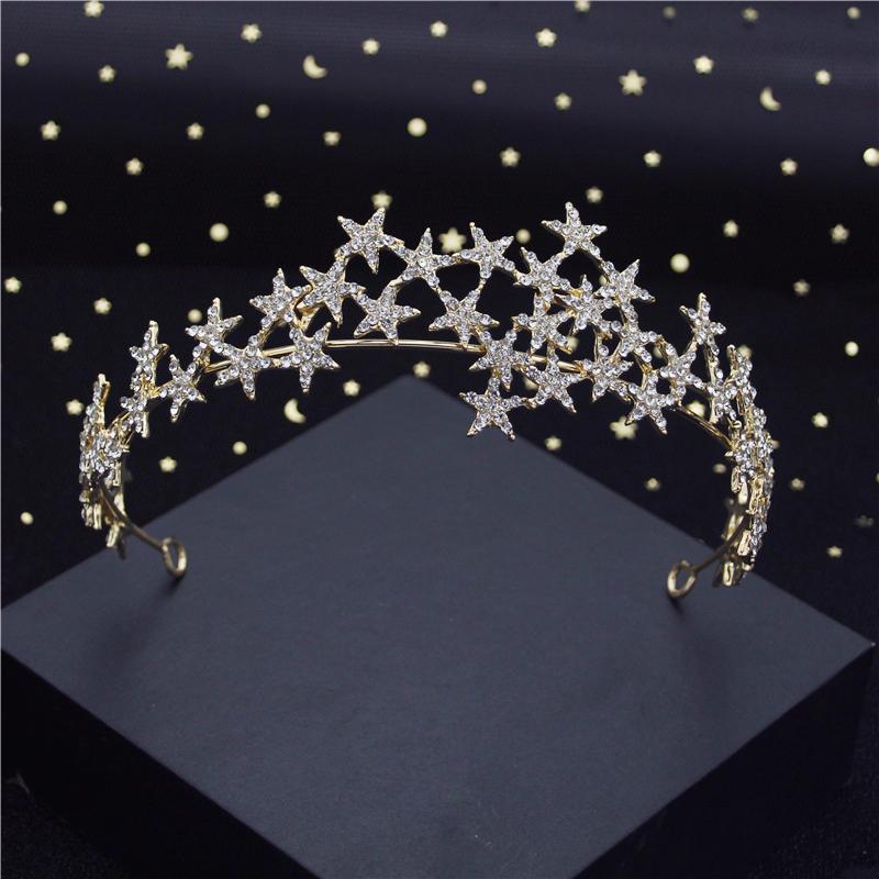 Fashion Baroque Metal Stars Rhinestone Crown Tiaras for Bride Headdress Queen Prom Bridal Diadem Wedding Hair Jewelry Girls